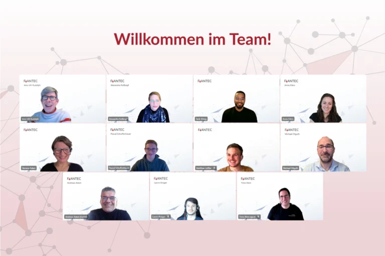 Grafik mit Screenshot aus Online Meeting mit Geschäftsführung von FiANTEC mit neuen Mitarbeitenden